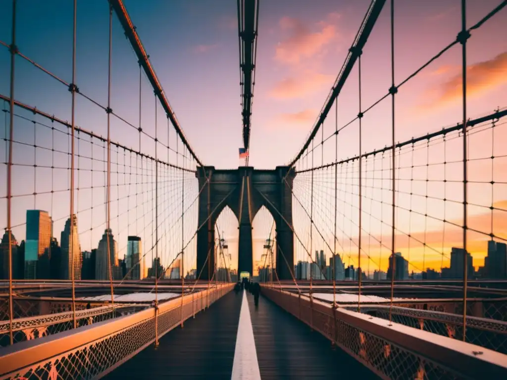 Imagen del Puente de Brooklyn al atardecer, reflejando tonos cálidos en el cielo y en los cables de acero