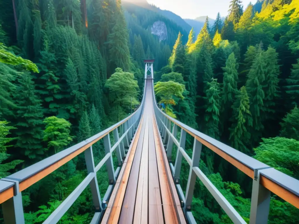 Imagen 8k de un puente colgante en la hora dorada con efectos postproducción, resaltando su belleza y detalles impresionantes