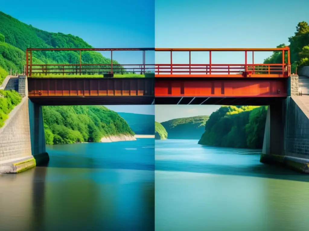 Comparación de imagen de puente sin editar y después de edición profesional, resaltando la mejora de colores y detalles arquitectónicos