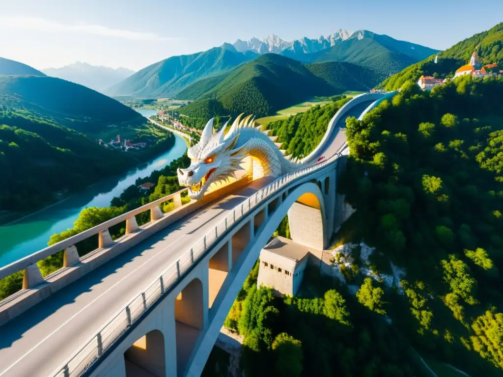 Imagen 8k del Puente del Dragón en Eslovenia, mostrando detalles arquitectónicos y esculturas de dragones, reflejando historia y cultura