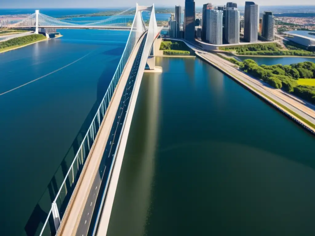 Imagen de un puente de diseño moderno con avanzada ingeniería y arte, reflejando innovaciones tecnológicas en la construcción de puentes