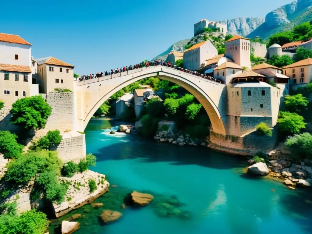 Imagen del Puente de Mostar, eventos conmemorativos, resaltando su belleza arquitectónica y significado histórico en Mostar, Bosnia y Herzegovina