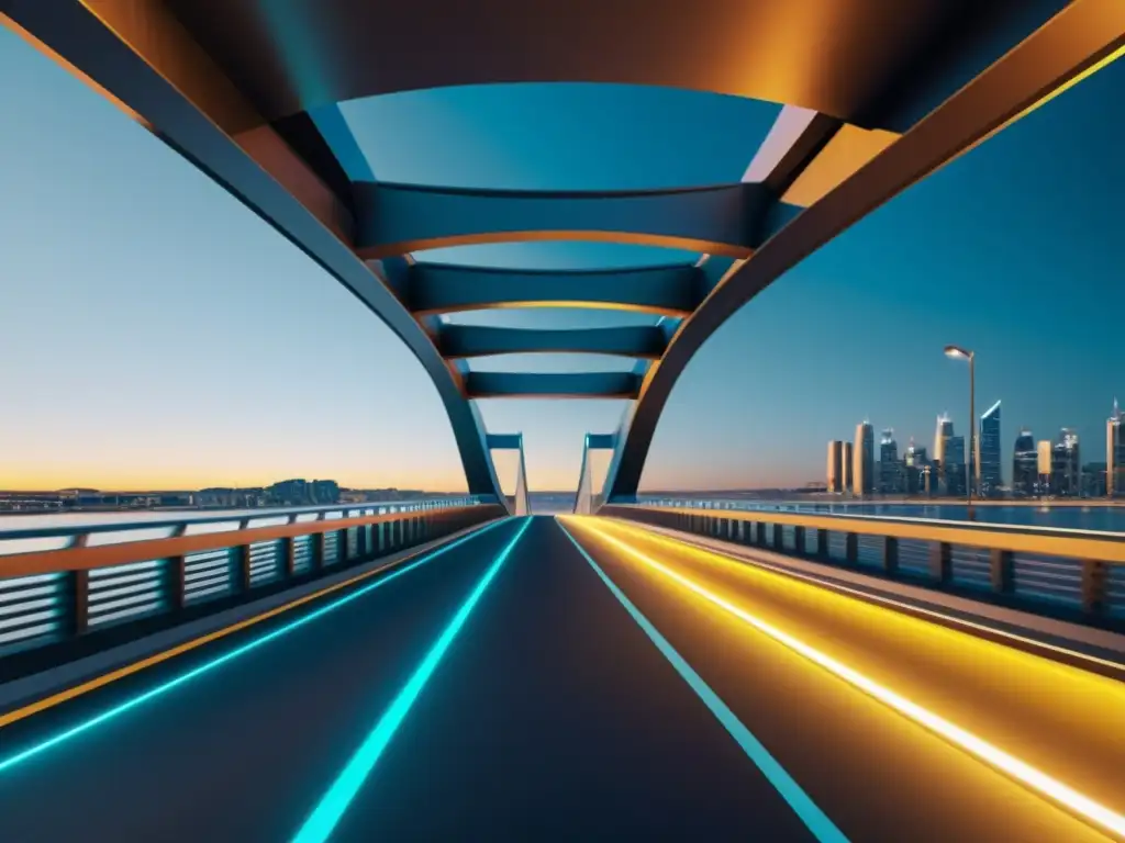 Imagen en 8k de un puente futurista con elementos de realidad aumentada integrados, mostrando la revolución de la arquitectura de puentes