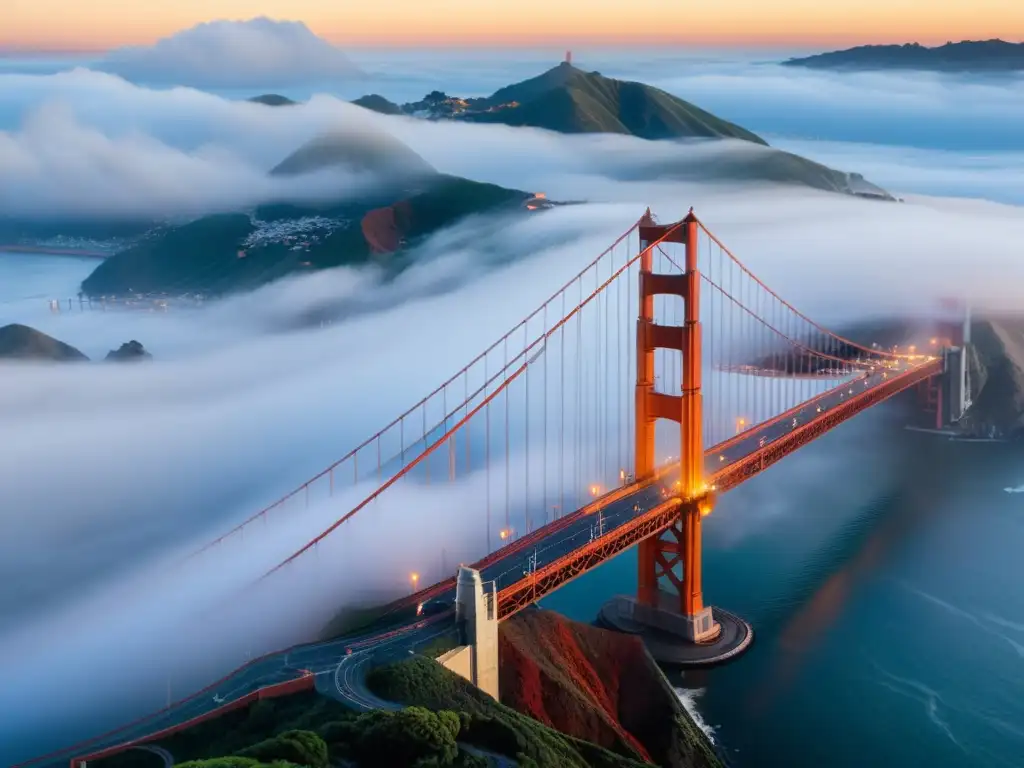 Imagen del puente icónico inspirador arte, la neblina envuelve el puente Golden Gate, resaltando su belleza arquitectónica y su red de cables