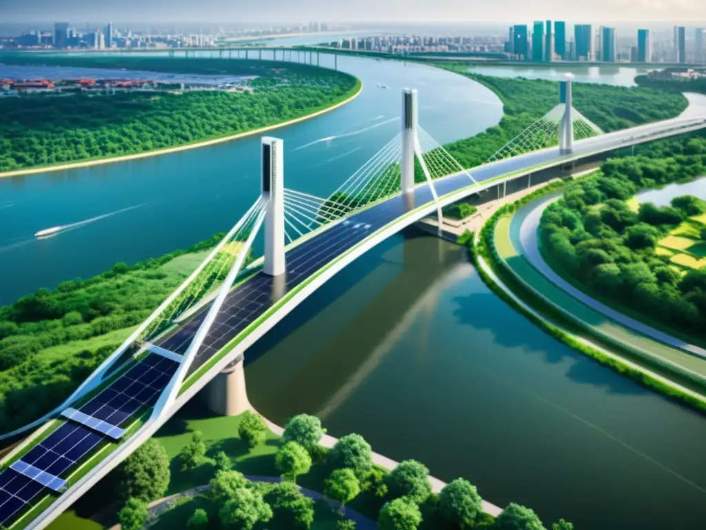 Imagen de puente innovador integrado con infraestructura inteligente en una ciudad sostenible, adaptativa al cambio climático