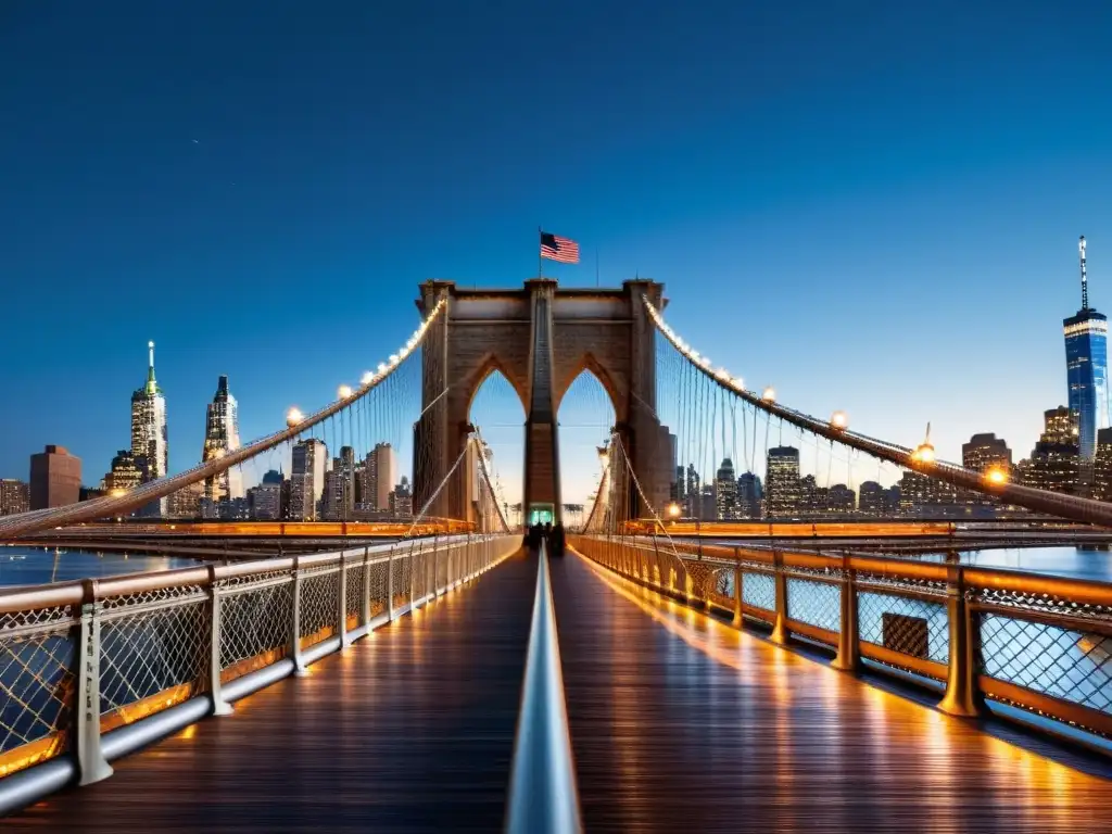 Imagen del Puente de Brooklyn al anochecer, con luces de la ciudad reflejándose en el agua y los cables de acero destacándose en el cielo