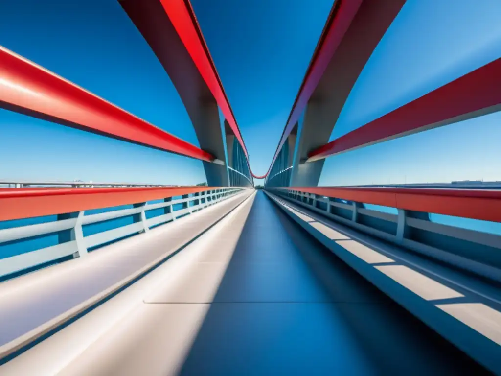 Imagen de un puente moderno con materiales termocrómicos que cambian de rojo a azul, capturando la luz solar