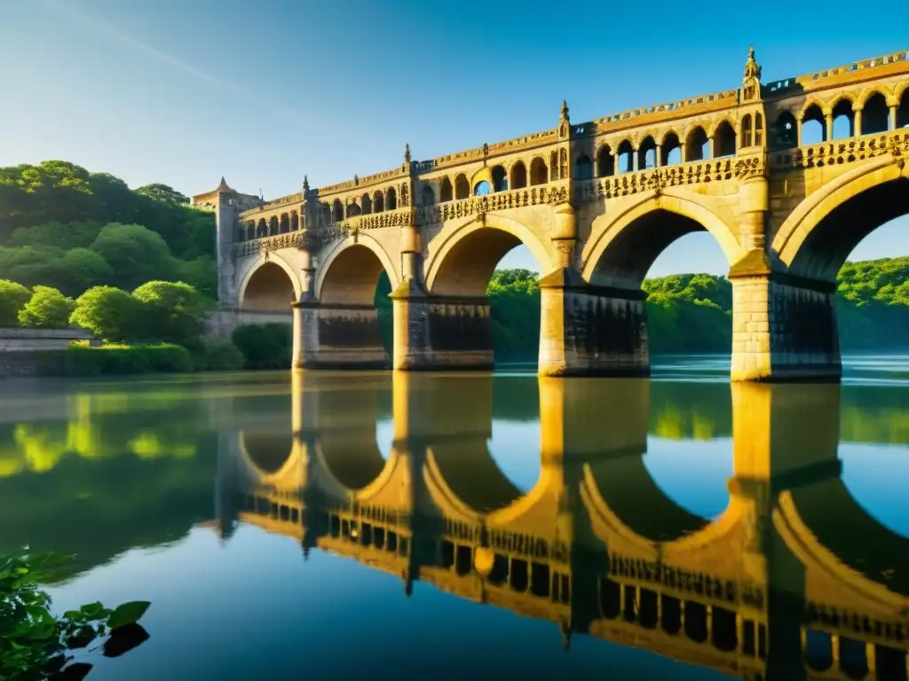 Imagen de un puente monumental histórico con esculturas detalladas y arcos reflejados en el agua, bañado por la cálida luz del sol