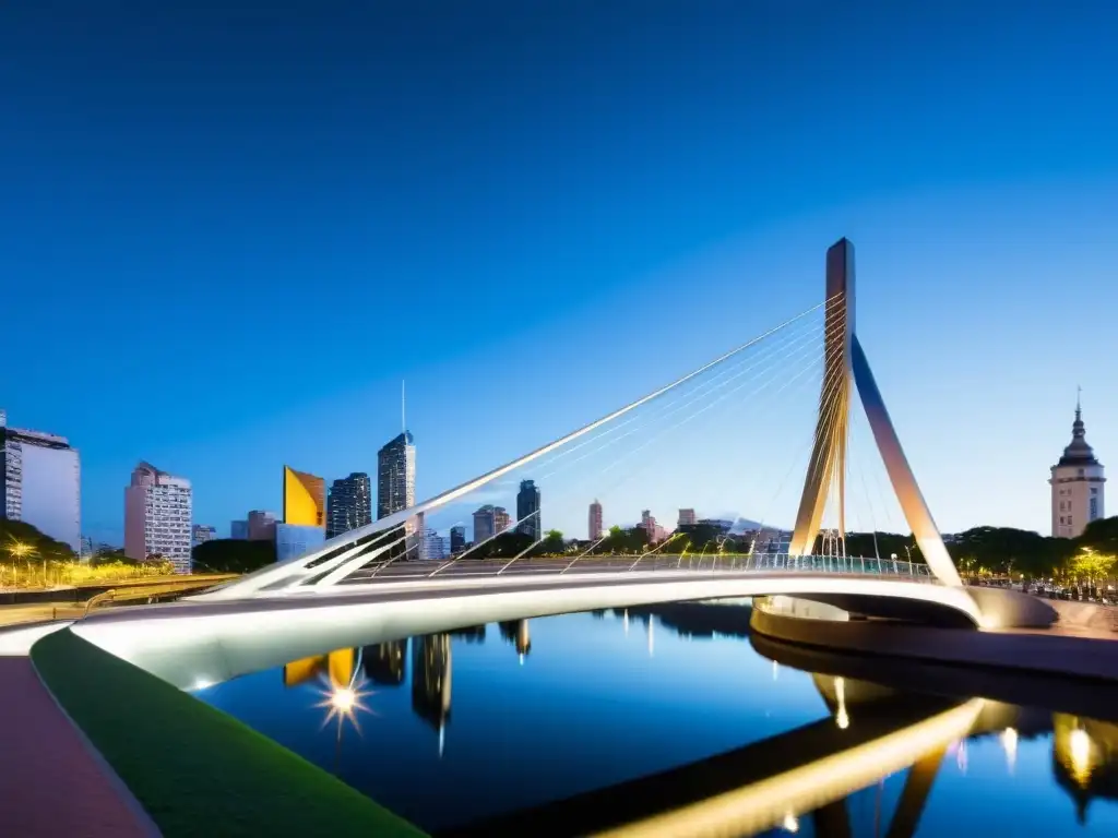 La imagen muestra el Puente de la Mujer en Buenos Aires, con su diseño icónico y su integración de percepción