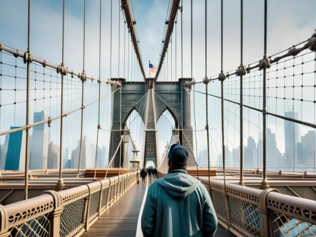 Imagen del Puente de Brooklyn en la neblina, destacando su historia y mitos, con el skyline de Nueva York al fondo