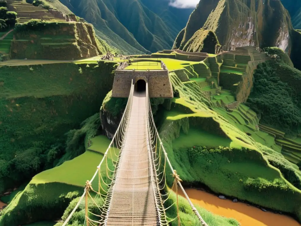 Imagen de un puente precolombino impresionante en los Andes, tejido con hierba y cruzado por figuras, mostrando su belleza y utilidad