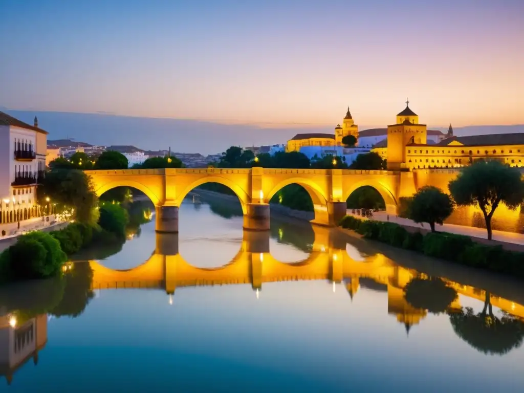 Imagen 8k del Puente Romano de Córdoba al anochecer, iluminado por cálidas luces doradas, reflejándose en el río Guadalquivir