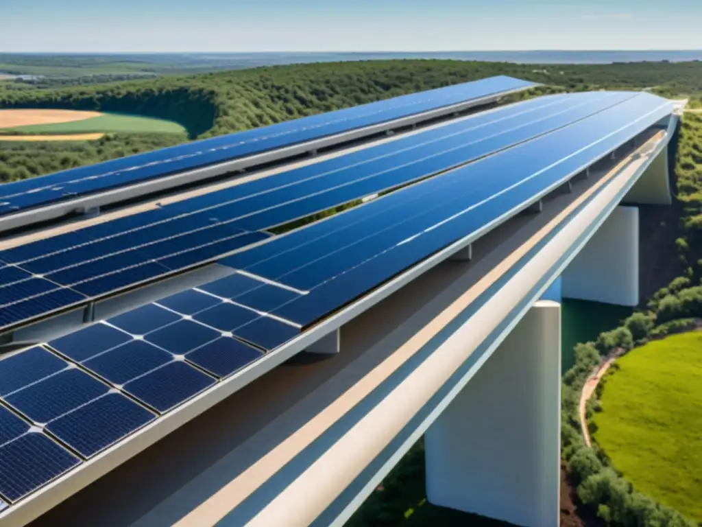 Imagen de puente solar con eficiencia energética, ingeniería avanzada y paneles solares integrados, simbolizando la innovación y sostenibilidad