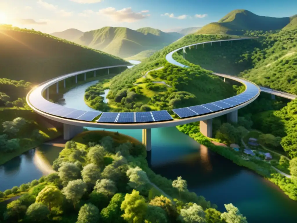 Imagen de puente sostenible integrado con paneles solares, rodeado de vida silvestre en un valle verde