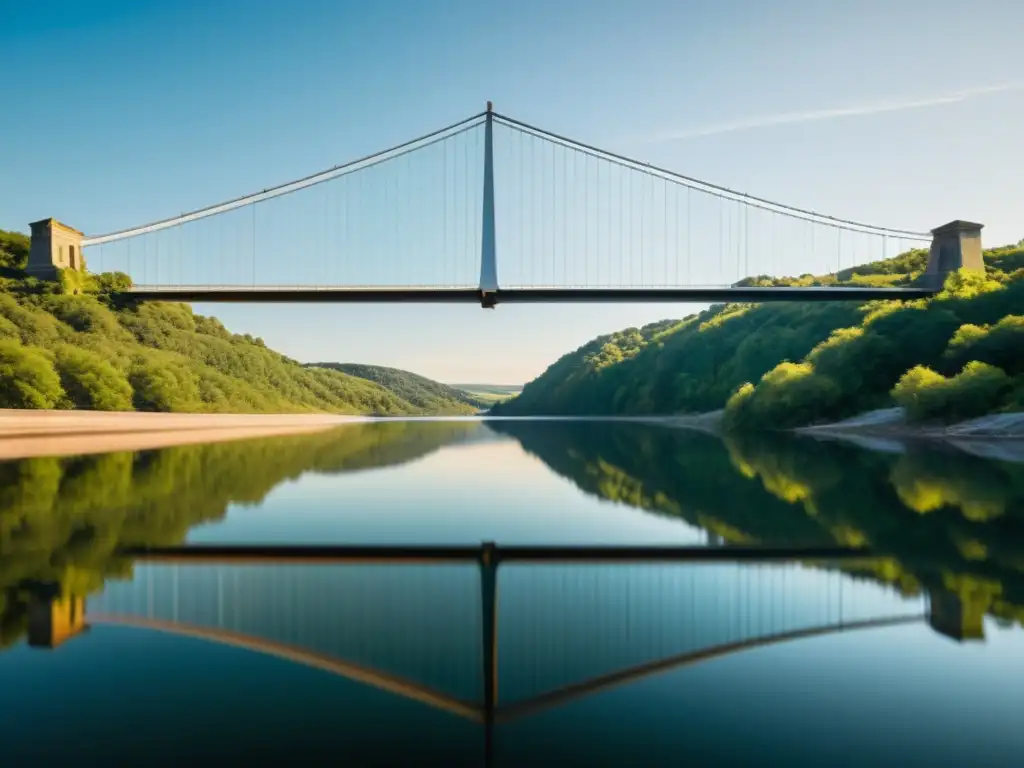 Imagen de un puente de suspensión de acero moderno reflejado en un río tranquilo, creando una composición simétrica hipnótica