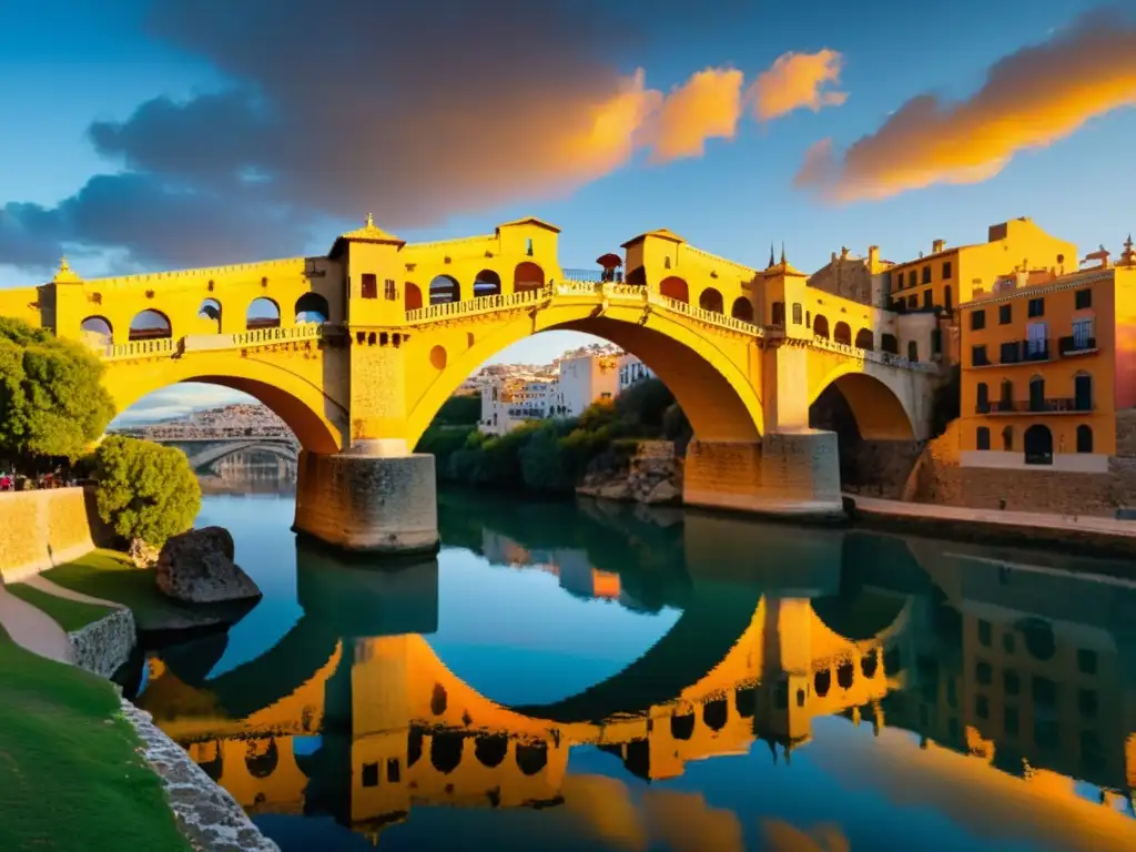 Imagen de alta resolución del Puente de los Suspiros al atardecer, con la cálida luz dorada iluminando el puente antiguo y proyectando largas sombras