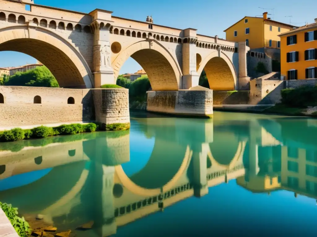 Imagen 8k del Puente de Tiberio en Rimini, mostrando sus detalles arquitectónicos y la historia del puente romano