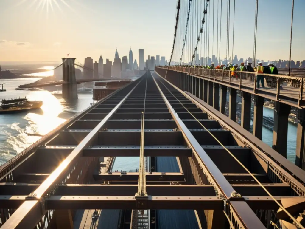 Imagen de la evolución de puentes icónicos: construcción del Brooklyn Bridge en la década de 1800, destacando su complejidad y el impacto de la revolución industrial en su diseño y construcción