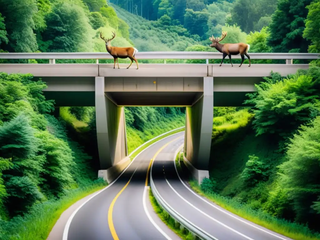 Imagen de puentes integrados vida silvestre sobre autopista, mostrando armoniosa coexistencia con animales y exuberante vegetación