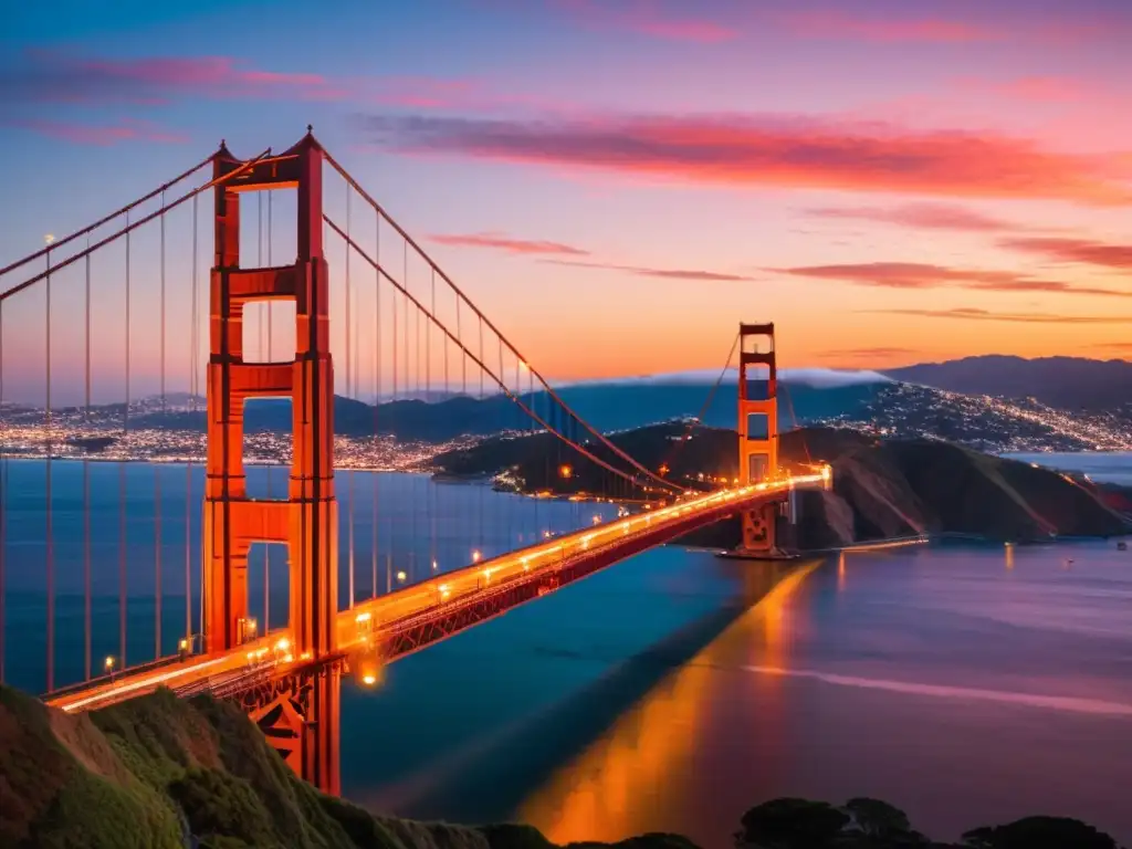 Imagen de alta resolución de atardecer en el Puente Golden Gate, con tonos naranjas y rosas en el cielo, reflejados en la tranquila bahía