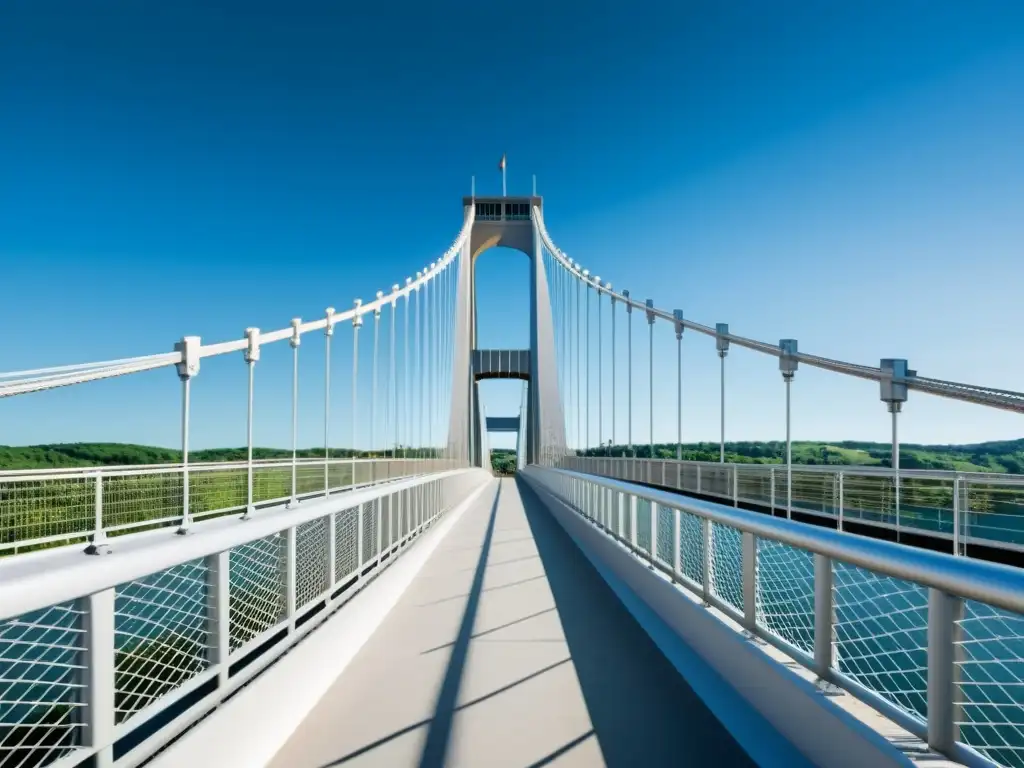 Una imagen de alta resolución de un moderno puente colgante, con cables de acero intrincados y diseño arquitectónico elegante