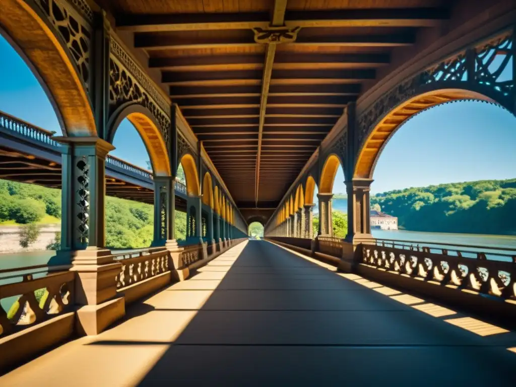 Imagen de alta resolución de un puente histórico, destacando su arquitectura detallada y el juego de luces y sombras