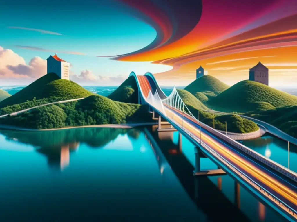 Imagen surrealista de un puente distorsionado y onírico, con arquitectura icónica y colores vibrantes, creando una atmósfera surreal y mágica