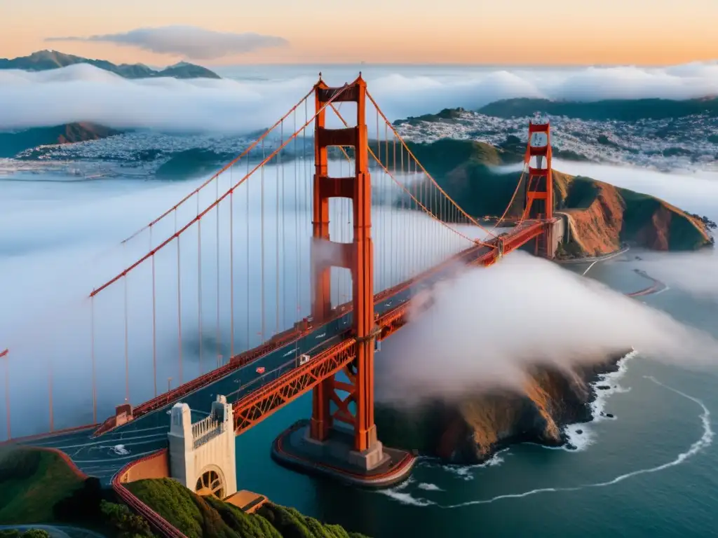 Imagen 8k ultradetallada del Puente Golden Gate envuelto en niebla, con el horizonte de la ciudad de San Francisco al fondo