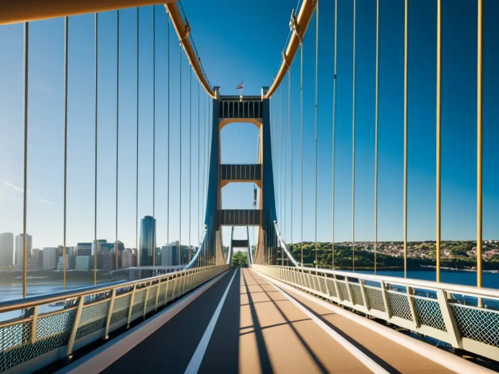 Imagen ultrarresolución de un puente colgante con diseño avanzado, resaltando sus detalles y líneas elegantes