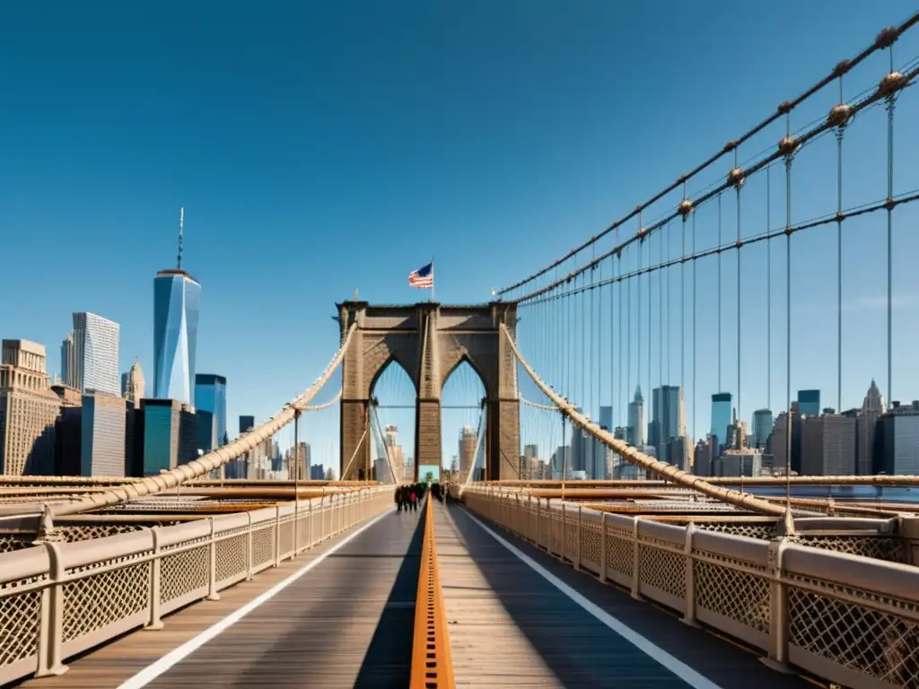 Una impactante fotografía en blanco y negro del icónico Puente de Brooklyn, resaltando sus detalles arquitectónicos y su influencia en el arte moderno