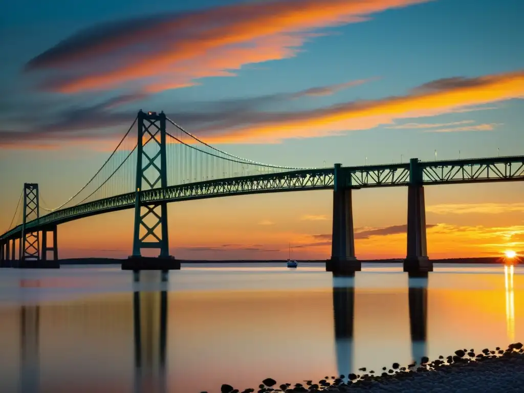 Una impactante fotografía documental del Puente de la Bahía de Chesapeake capturada durante un vibrante atardecer, con su imponente estructura perfilada contra el cielo colorido y reflejada en las tranquilas aguas, mientras la costa y los barcos añaden profundidad a la composición