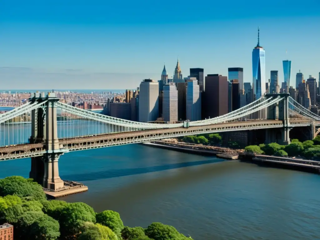 Una impactante fotografía de alta resolución del icónico Puente de Manhattan en Nueva York, resaltando su impacto cultural en la ciudad