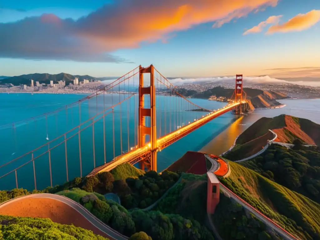 Una impactante fotografía en ultrahd del icónico Puente Golden Gate, resaltando sus detalles arquitectónicos en un vibrante atardecer