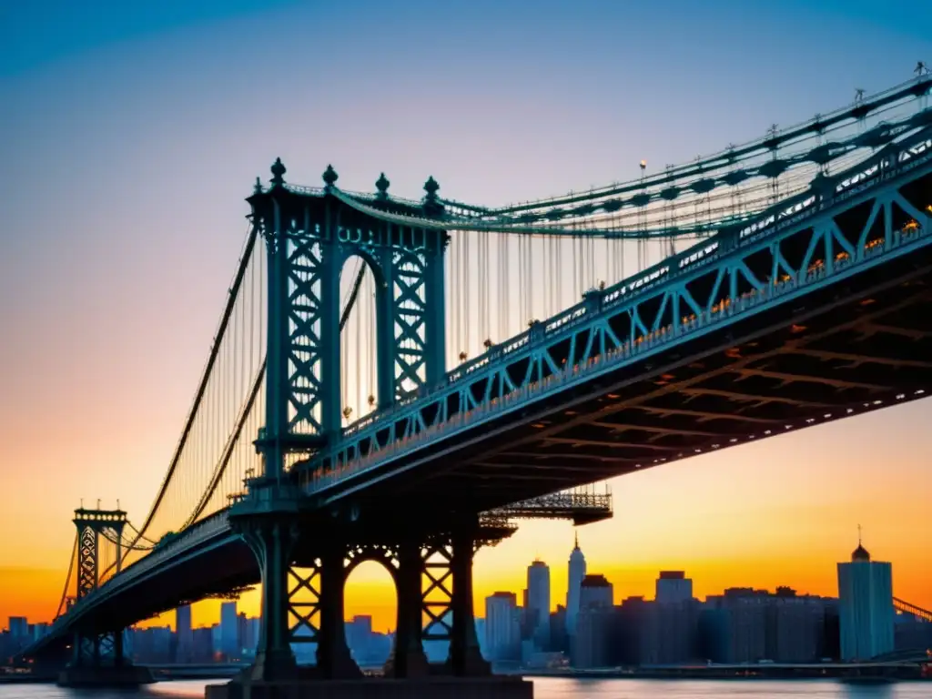 El impacto cultural del Puente Manhattan se fusiona con la belleza natural en un atardecer vibrante sobre la ciudad