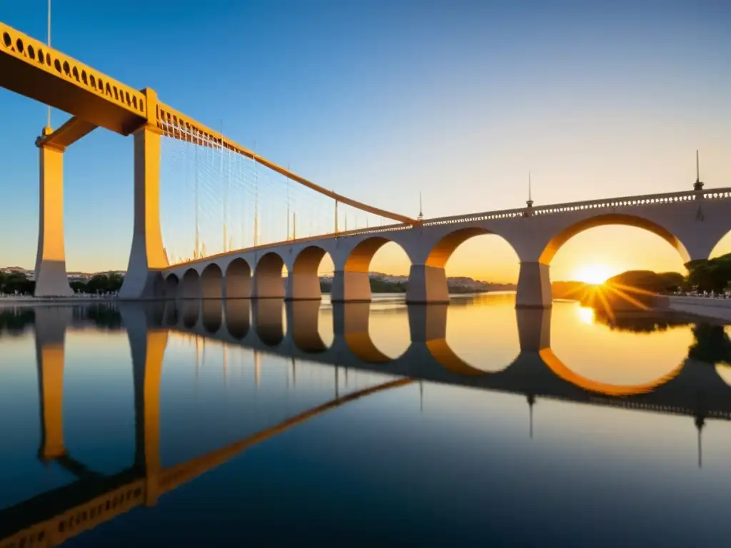 El impacto cultural del Puente de la Constitución se refleja en su elegante diseño, iluminado por la cálida luz del atardecer sobre el río tranquilo