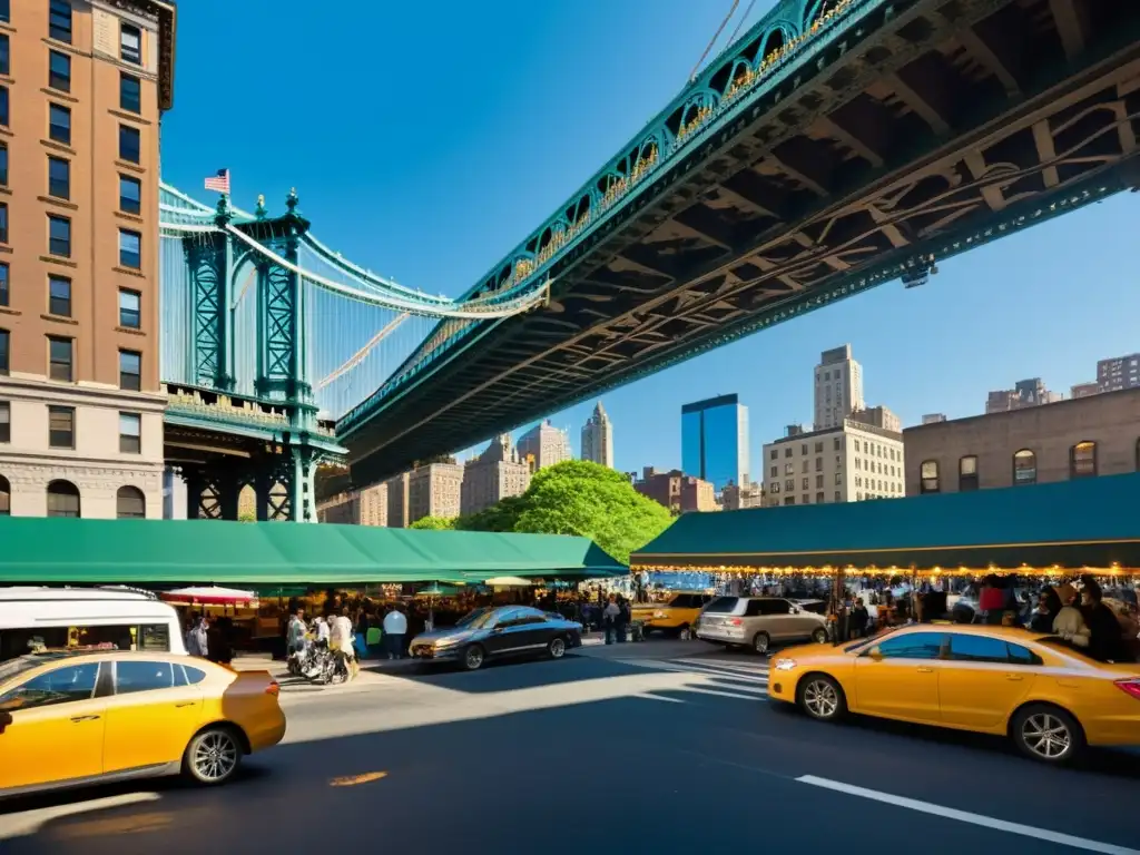 El impacto cultural del Puente Manhattan cobra vida en la bulliciosa escena urbana bajo sus arcos, con gente diversa y expresiones vibrantes