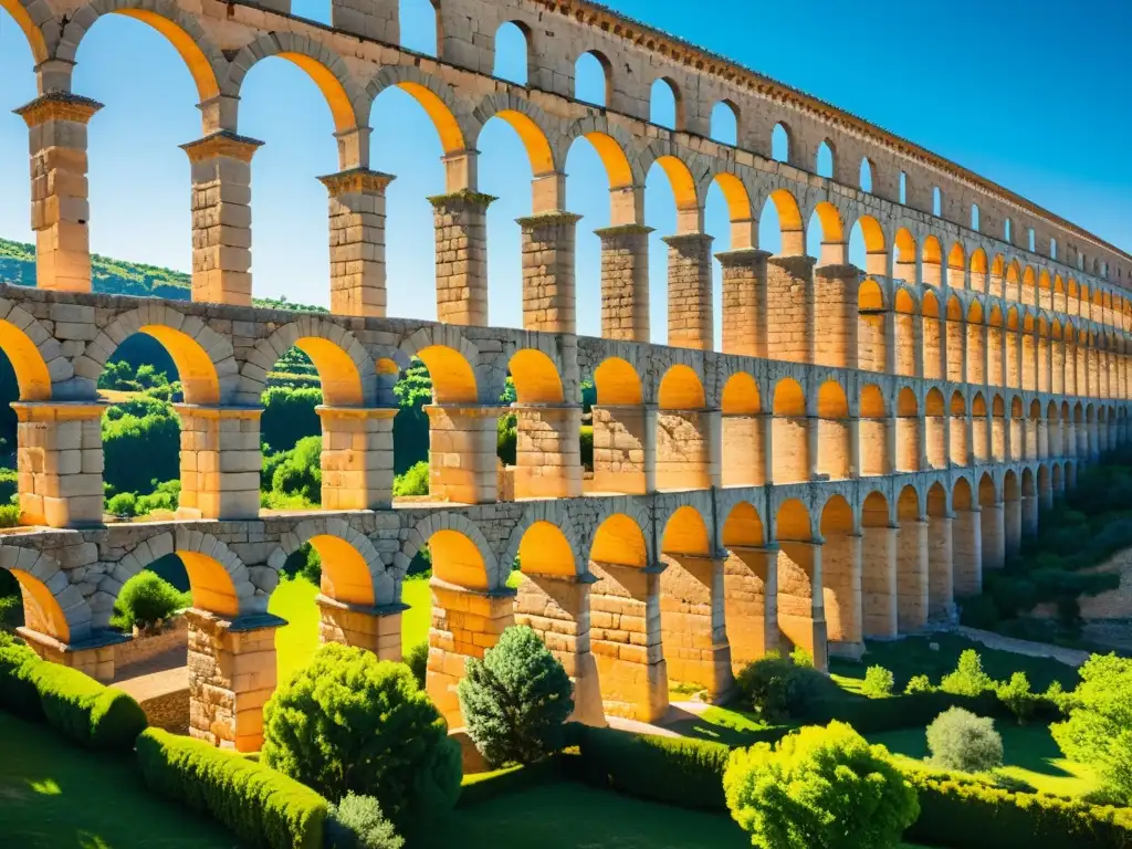 El imponente Acueducto de Segovia, con sus arcos detallados y la cálida luz del sol, evoca la impresionante historia de los puentes romanos