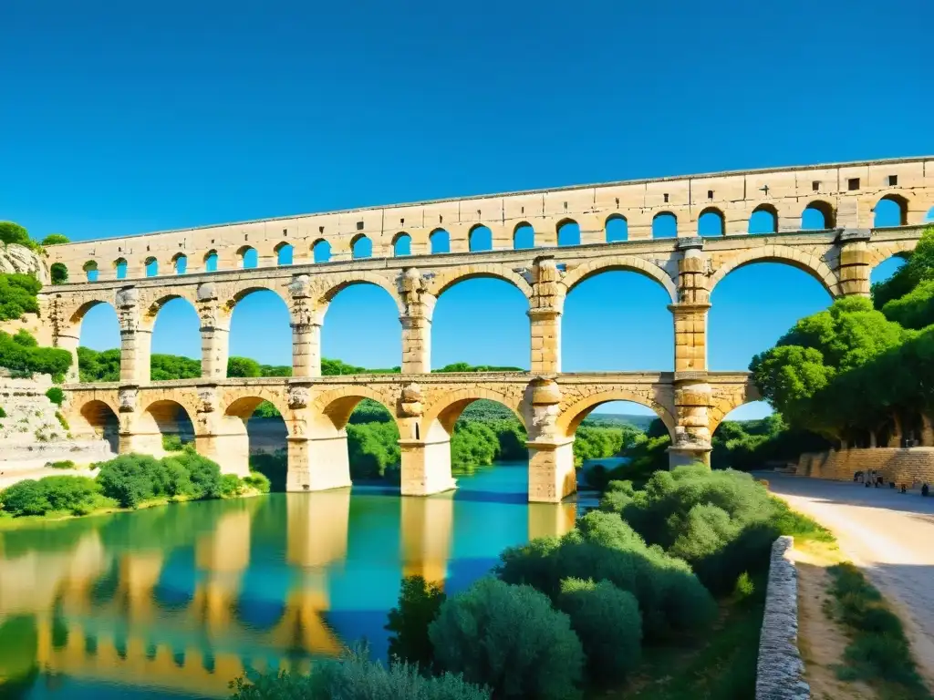 Imponente acueducto romano Pont du Gard, con arcos de piedra, rodeado de vegetación y bañado por la cálida luz del sol