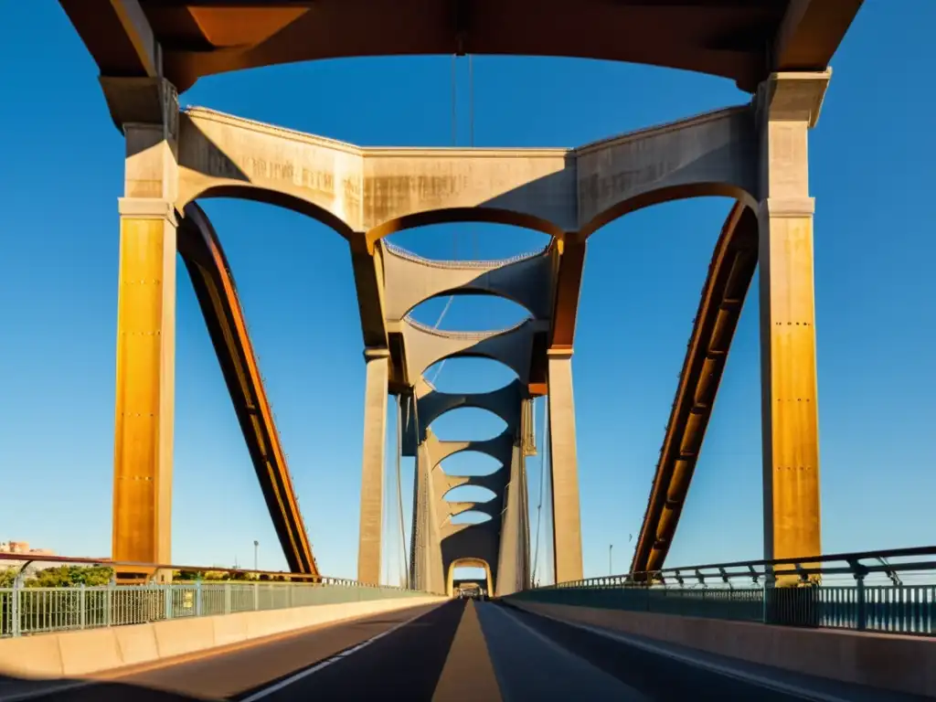 Imponente arquitectura e historia del Puente de la Libertad bañado en cálida luz dorada, destacando su majestuosidad atemporal y funcional