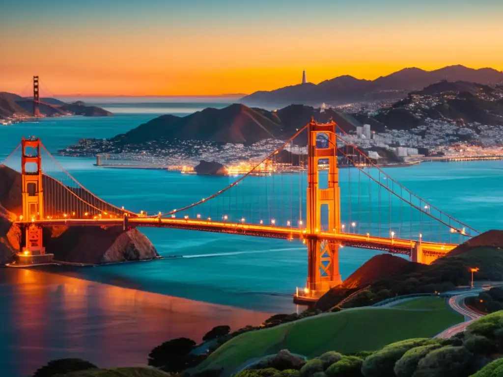 Imponente atardecer en el puente Golden Gate de San Francisco, con sus icónicos tonos rojo-naranja