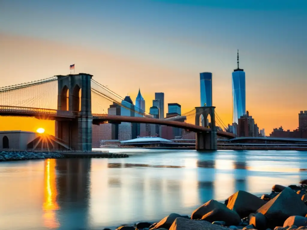 Imponente atardecer en el Puente de Brooklyn, destacando su arquitectura y la vida en movimiento