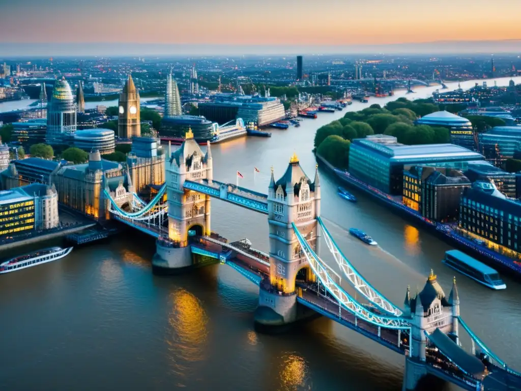 Espléndido atardecer en el icónico Tower Bridge de Londres El imponente Tower Bridge de Londres bañado por la cálida luz del atardecer, destacando su arquitectura gótica victoriana y la red de cables de suspensión