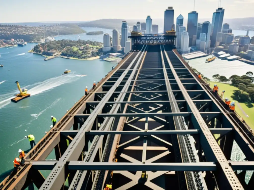 Imponente construcción del Puente de la Bahía de Sídney en blanco y negro, con obreros ensamblando la estructura de acero