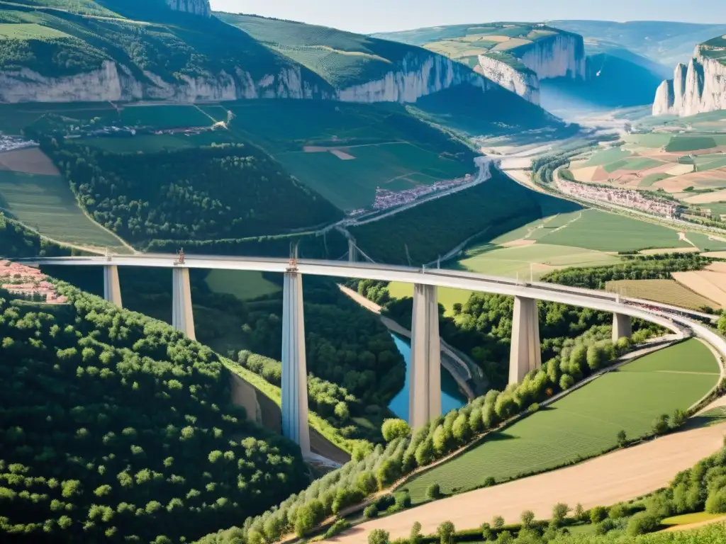 Imponente construcción del Viaducto de Millau, fusionando ingeniería y naturaleza con sostenibilidad en construcción de puentes en la campiña francesa