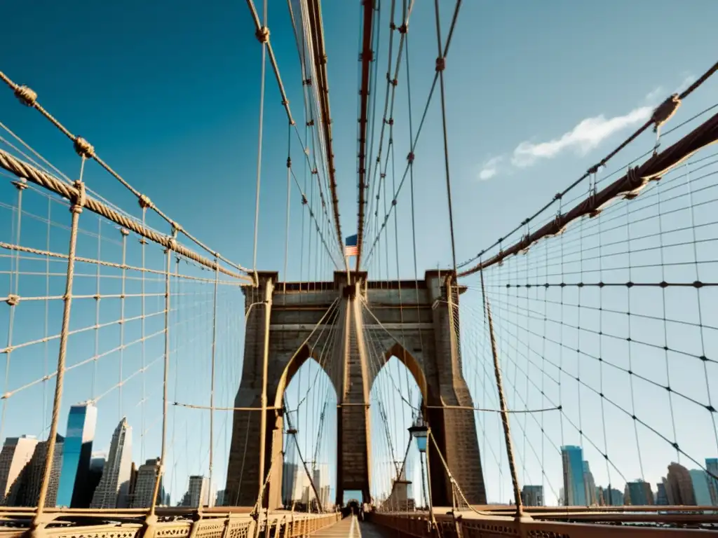 Imponente foto en blanco y negro del icónico Puente de Brooklyn, destacando su grandeza y detalles arquitectónicos