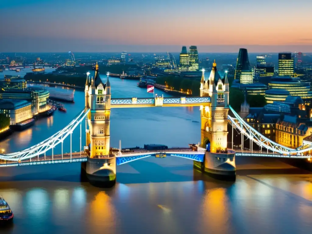 La imponente historia y arquitectura del Puente de la Torre de Londres se reflejan en el cálido atardecer sobre el río Támesis