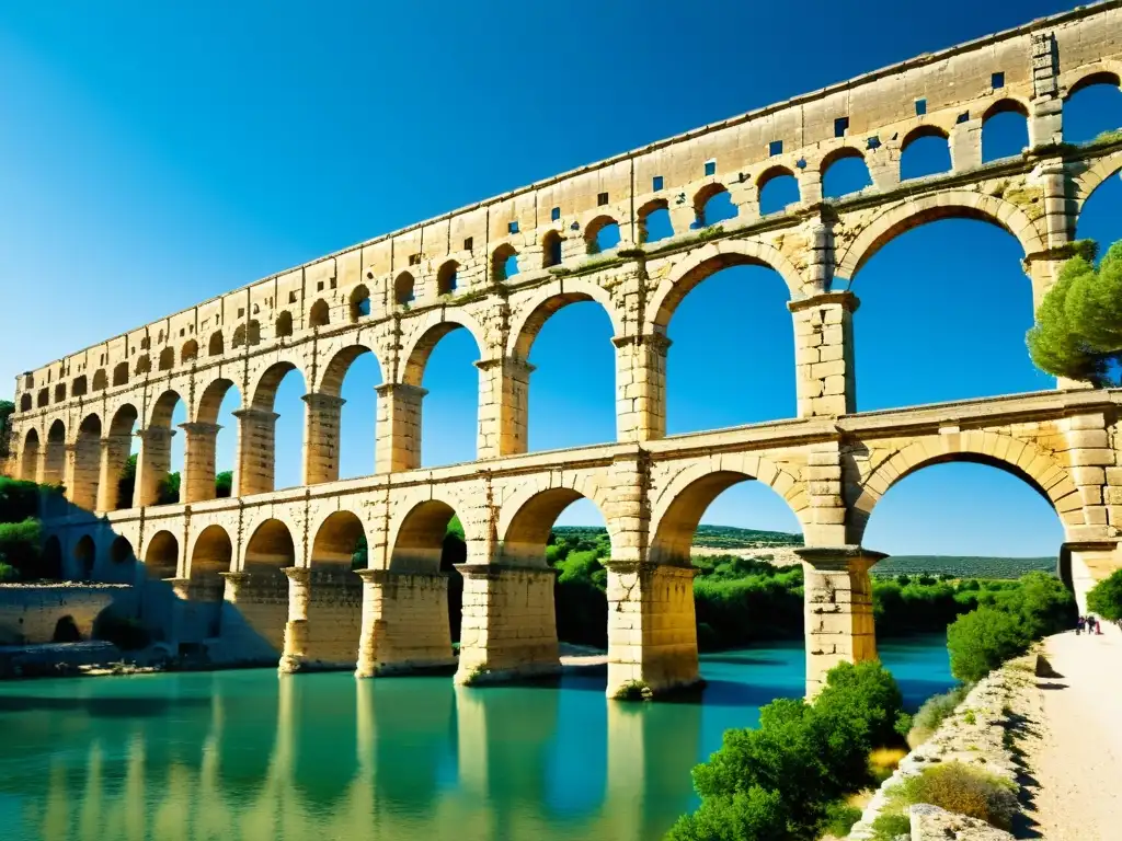 El imponente Pont du Gard, un icónico puente romano en Francia, con sus arcos y piedra resaltados por la luz solar