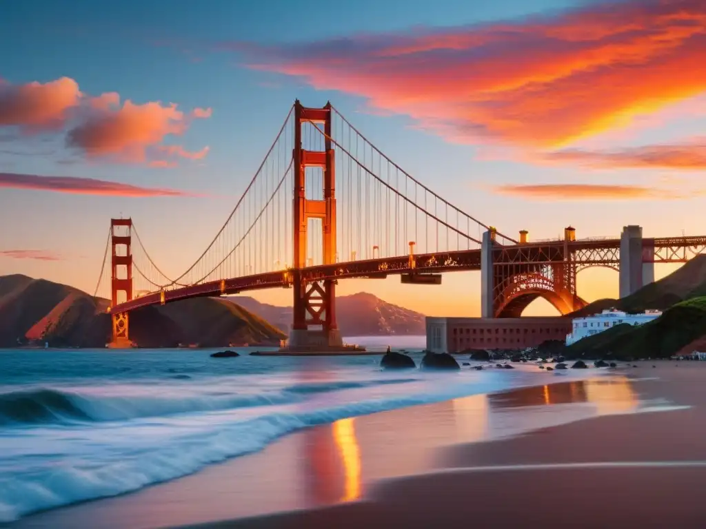 Imponente imagen 8k del Puente Golden Gate al atardecer, reflejándose en aguas tranquilas