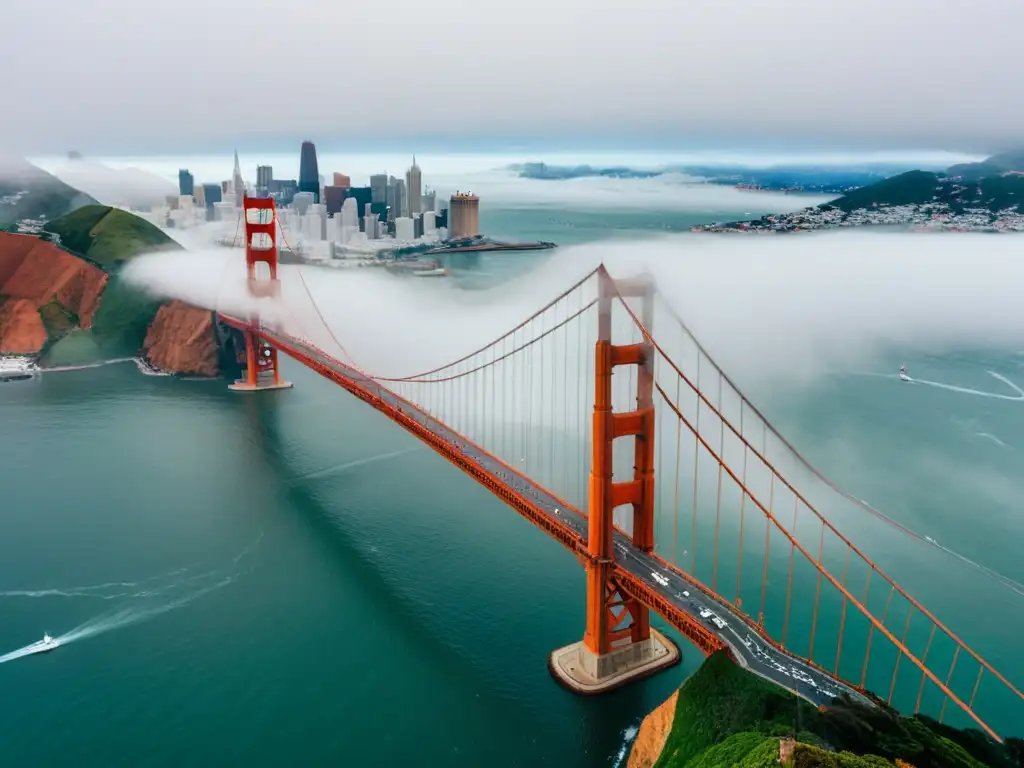 La imponente infraestructura adaptativa del puente Golden Gate emerge entre la niebla, mostrando su resiliencia ante el cambio climático