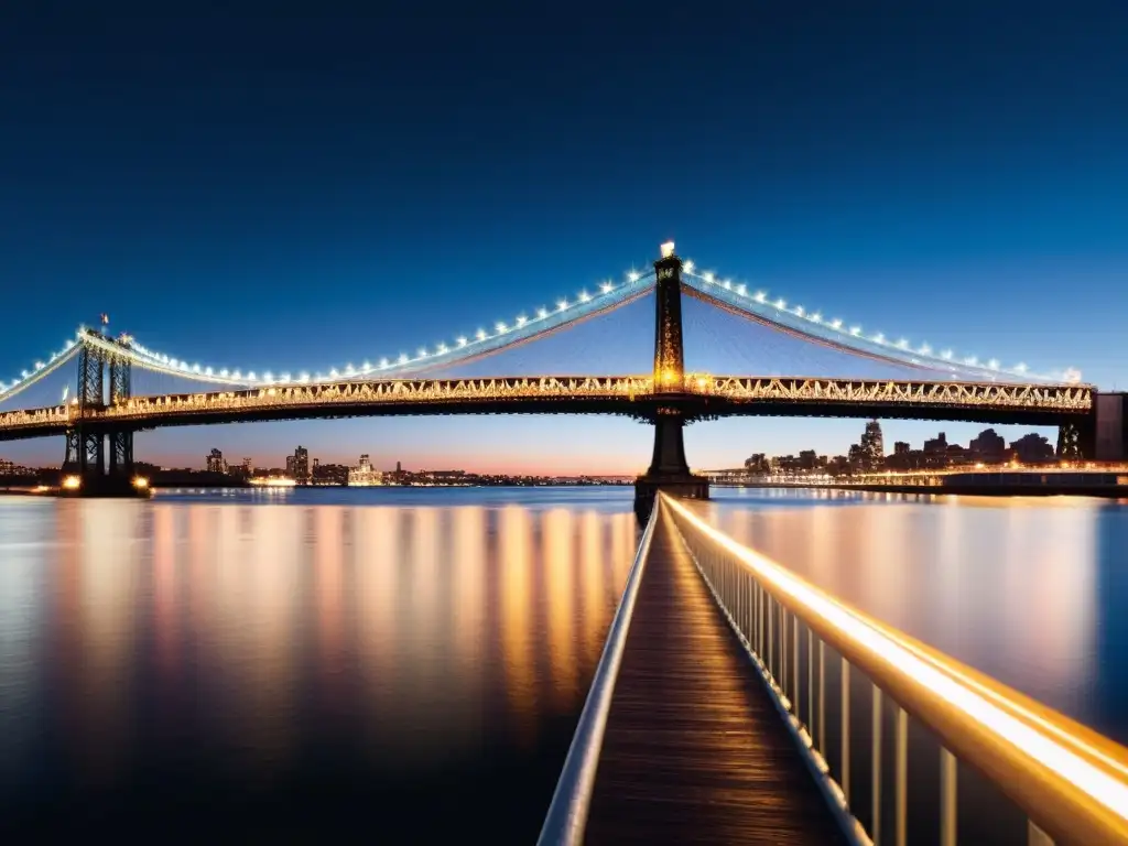 Imponente fotografía nocturna del Puente Williamsburg resaltando su belleza arquitectónica y la vibrante ciudad nocturna